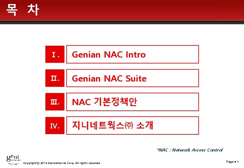 목 차 Ⅰ. Genian NAC Intro Ⅱ. Genian NAC Suite Ⅲ. NAC 기본정책안 Ⅳ.