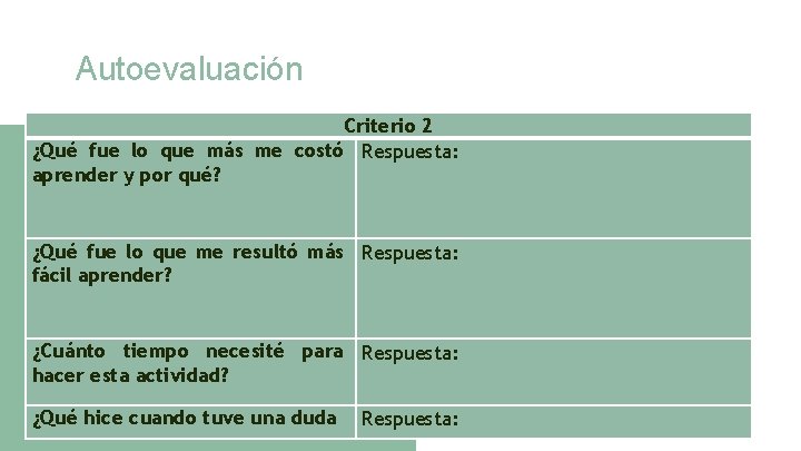 Autoevaluación Criterio 2 ¿Qué fue lo que más me costó Respuesta: aprender y por