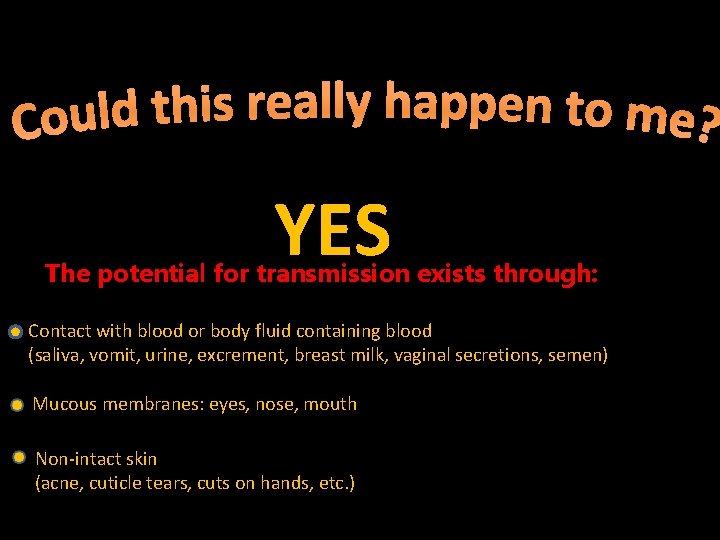 YES The potential for transmission exists through: Contact with blood or body fluid containing