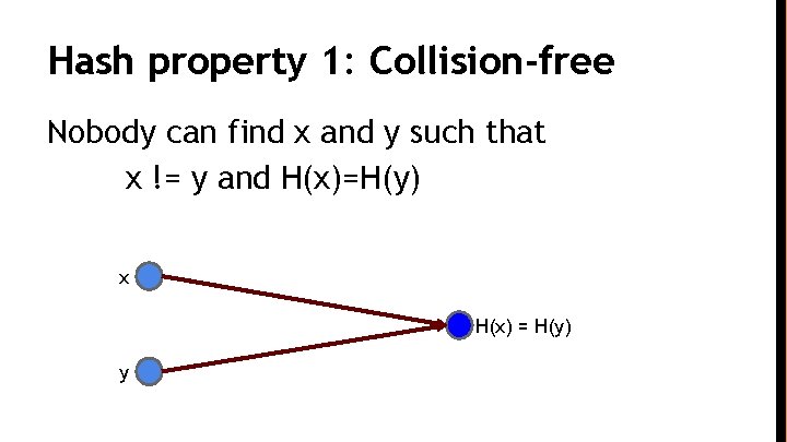 Hash property 1: Collision-free Nobody can find x and y such that x !=