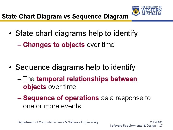 State Chart Diagram vs Sequence Diagram • State chart diagrams help to identify: –