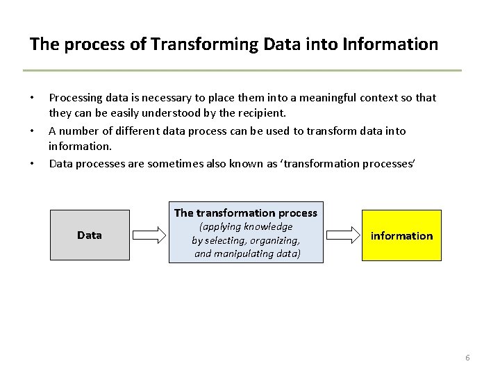 The process of Transforming Data into Information • • • Processing data is necessary