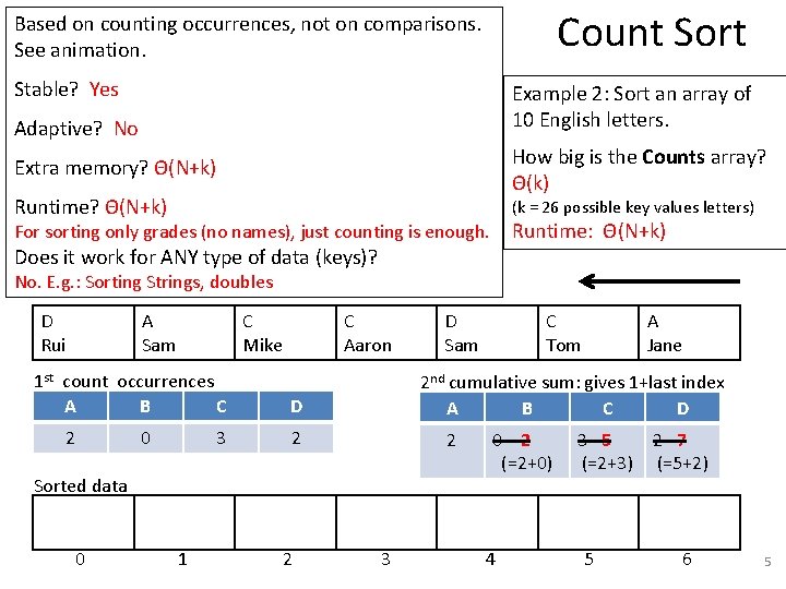 Count Sort Based on counting occurrences, not on comparisons. See animation. Stable? Yes Example