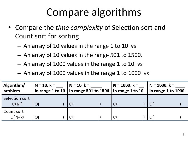 Compare algorithms • Compare the time complexity of Selection sort and Count sort for