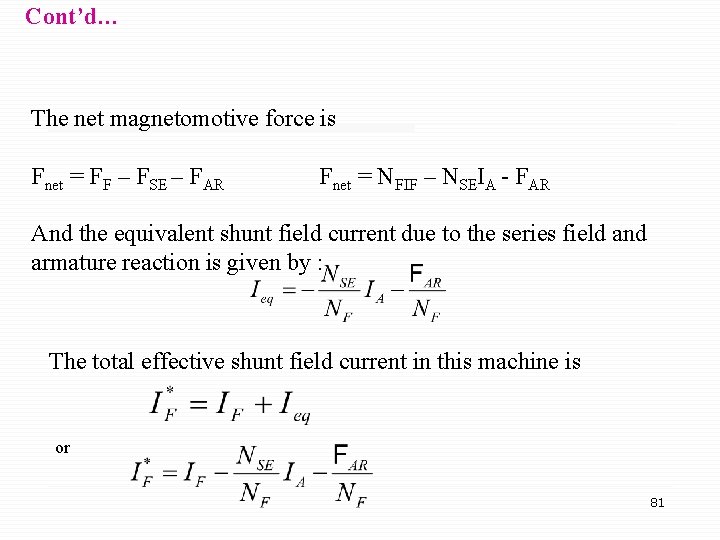 Cont’d… The net magnetomotive force is Fnet = FF – FSE – FAR Fnet