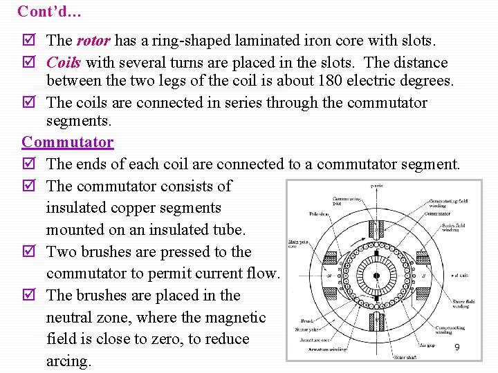 Cont’d… þ The rotor has a ring-shaped laminated iron core with slots. þ Coils