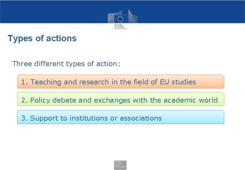 Types of actions Three different types of action: 1. Teaching and research in the