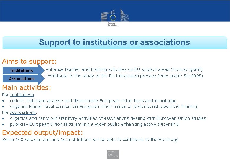 Support to institutions or associations Aims to support: Institutions Associations enhance teacher and training