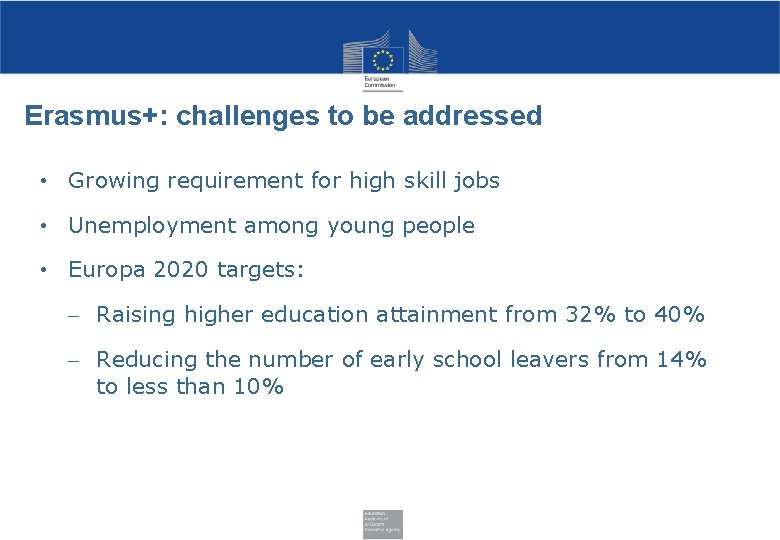Erasmus+: challenges to be addressed • Growing requirement for high skill jobs • Unemployment