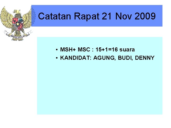 Catatan Rapat 21 Nov 2009 • MSH+ MSC : 15+1=16 suara • KANDIDAT: AGUNG,