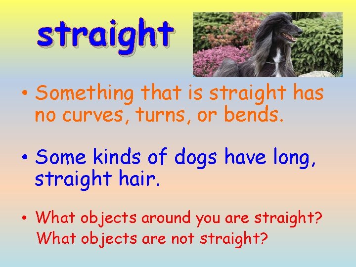 straight • Something that is straight has no curves, turns, or bends. • Some