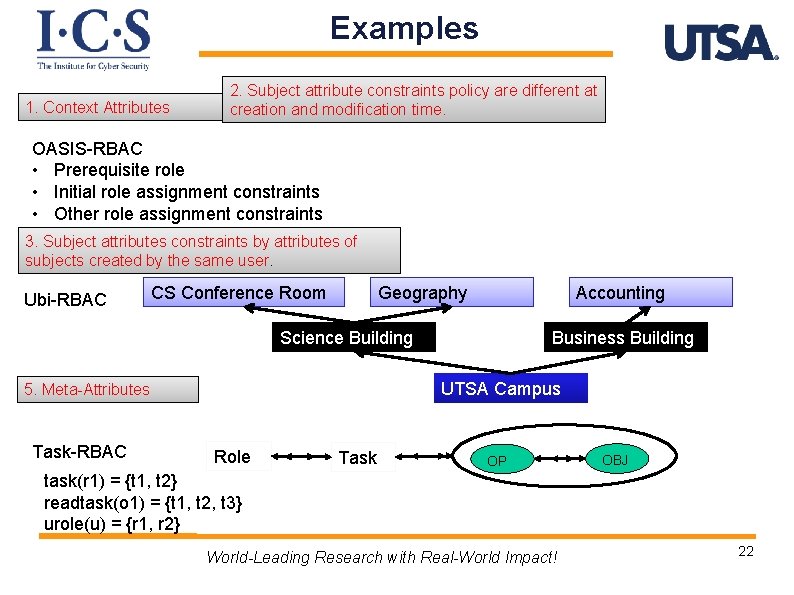 Examples 1. Context Attributes 2. Subject attribute constraints policy are different at creation and