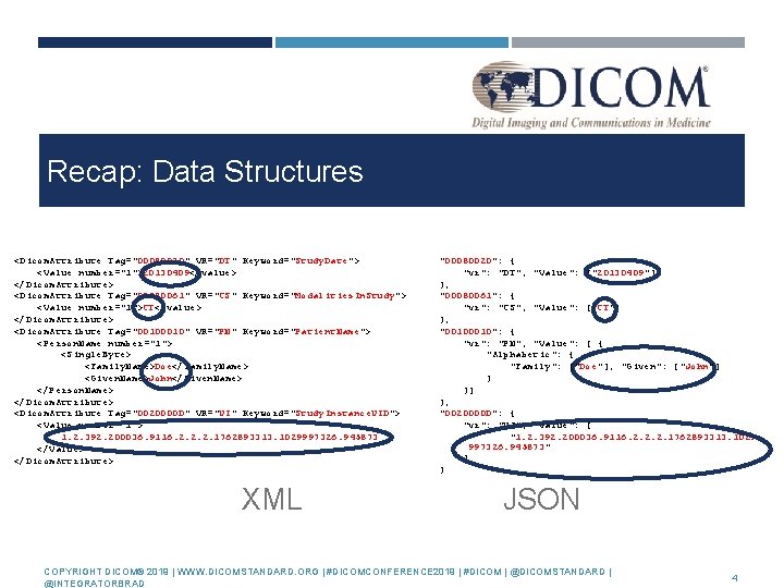 Recap: Data Structures <Dicom. Attribute Tag="00080020" VR="DT" Keyword="Study. Date"> <Value number="1">20130409</value> </Dicom. Attribute> <Dicom.