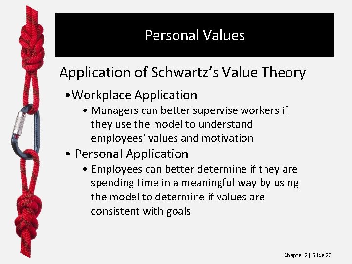 Personal Values Application of Schwartz’s Value Theory • Workplace Application • Managers can better