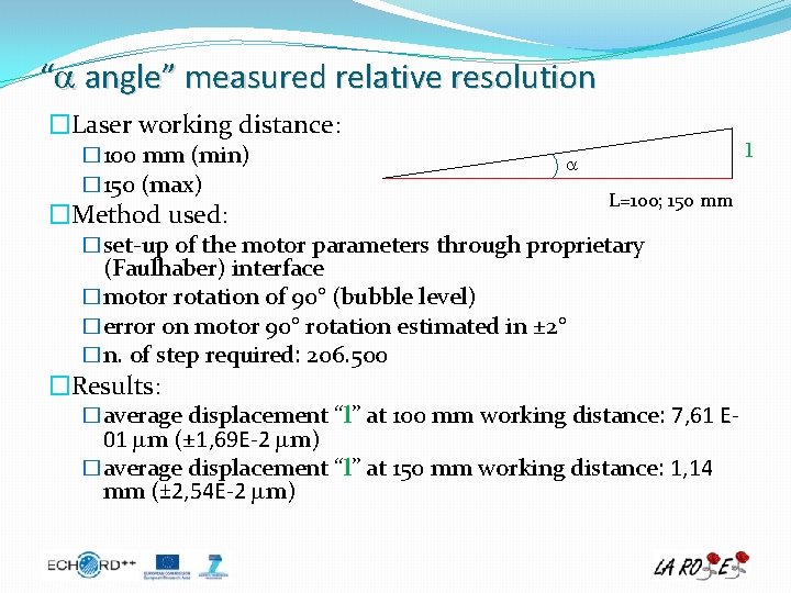 “a angle” measured relative resolution �Laser working distance: � 100 mm (min) � 150