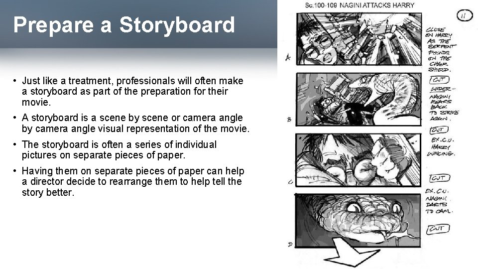 Prepare a Storyboard • Just like a treatment, professionals will often make a storyboard