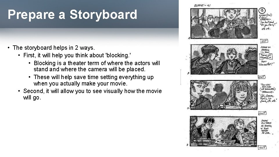 Prepare a Storyboard • The storyboard helps in 2 ways. • First, it will