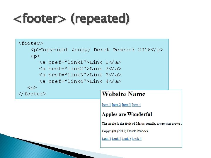 <footer> (repeated) <footer> <p>Copyright © Derek Peacock 2018</p> <a href=“link 1”>Link 1</a> <a href=“link