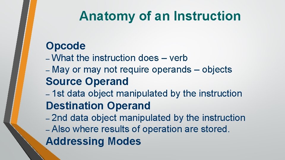 Anatomy of an Instruction Opcode – What the instruction does – verb – May