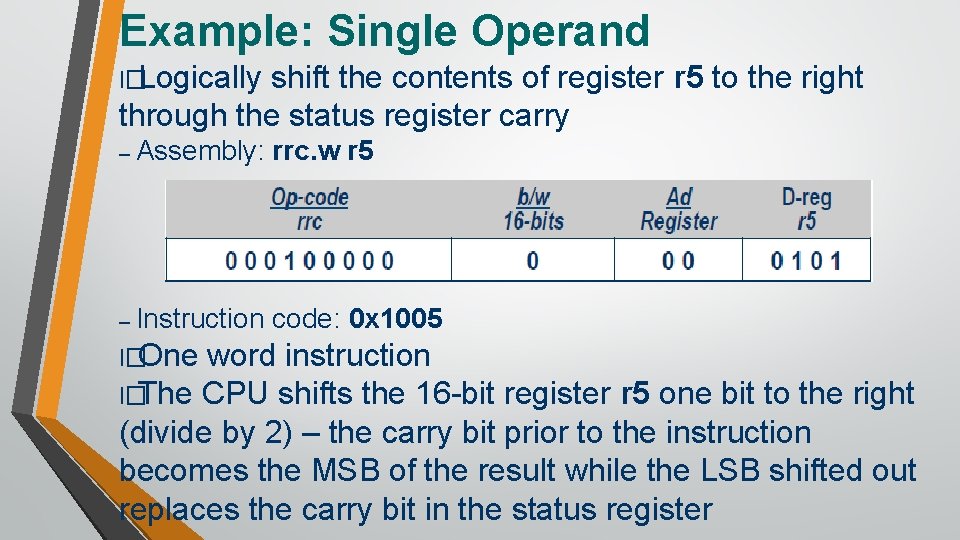 Example: Single Operand l�Logically shift the contents of register r 5 to the right