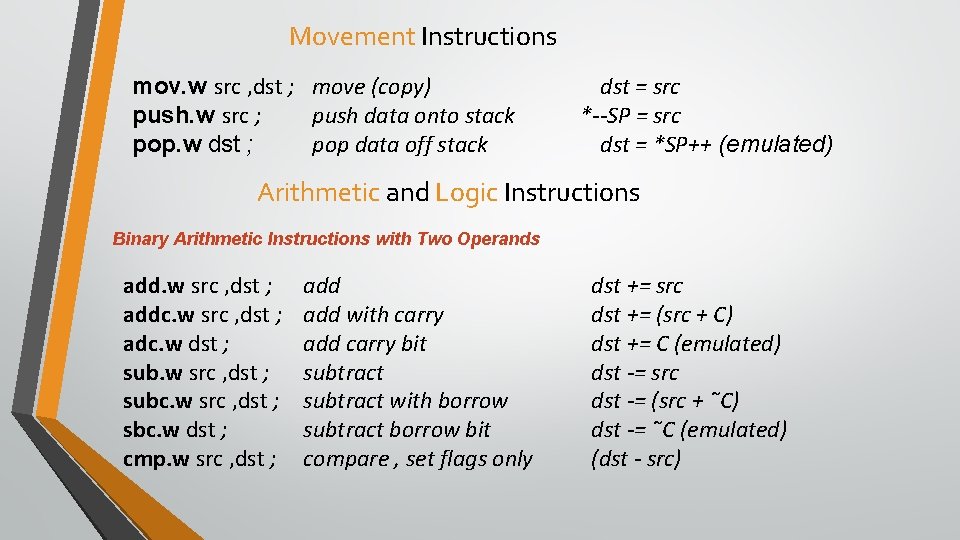 Movement Instructions mov. w src , dst ; move (copy) push. w src ;