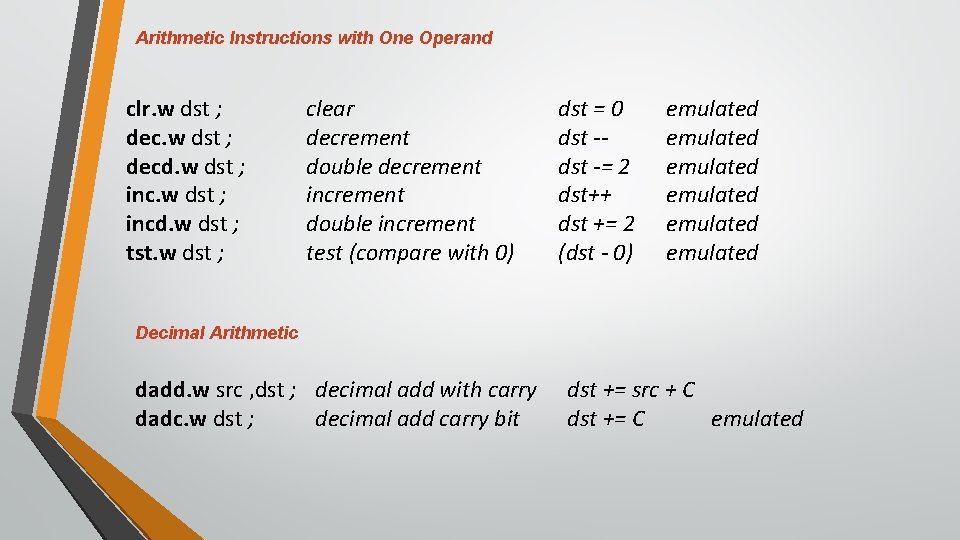 Arithmetic Instructions with One Operand clr. w dst ; decd. w dst ; incd. Arithmetic Instructions with One Operand clr. w dst ; decd. w dst ; incd.