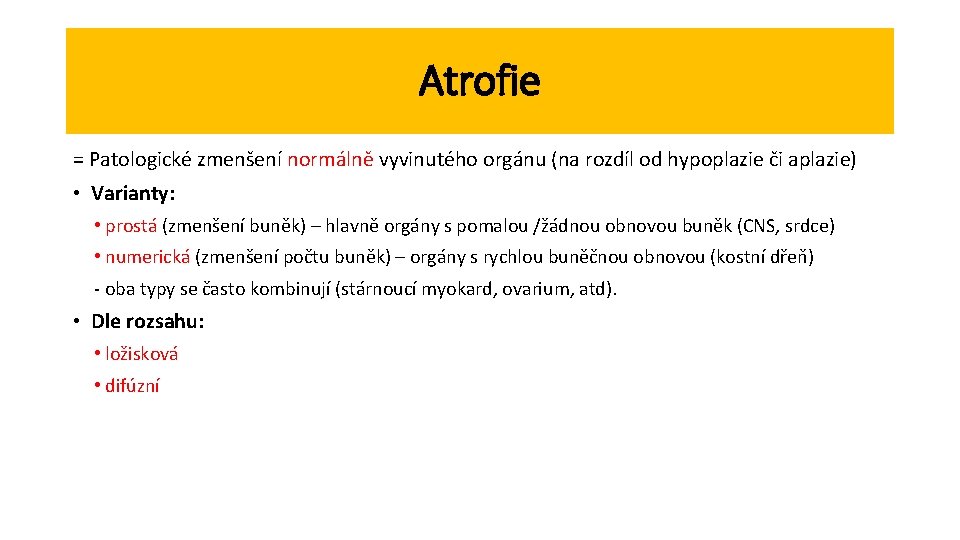 Atrofie = Patologické zmenšení normálně vyvinutého orgánu (na rozdíl od hypoplazie či aplazie) •