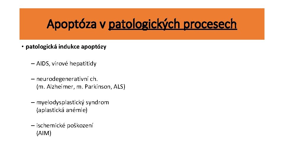 Apoptóza v patologických procesech • patologická indukce apoptózy – AIDS, virové hepatitidy – neurodegenerativní