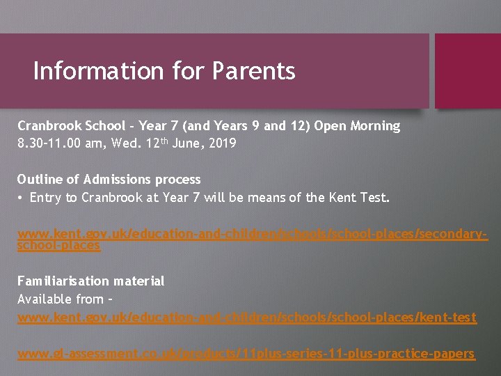 Information for Parents Cranbrook School - Year 7 (and Years 9 and 12) Open