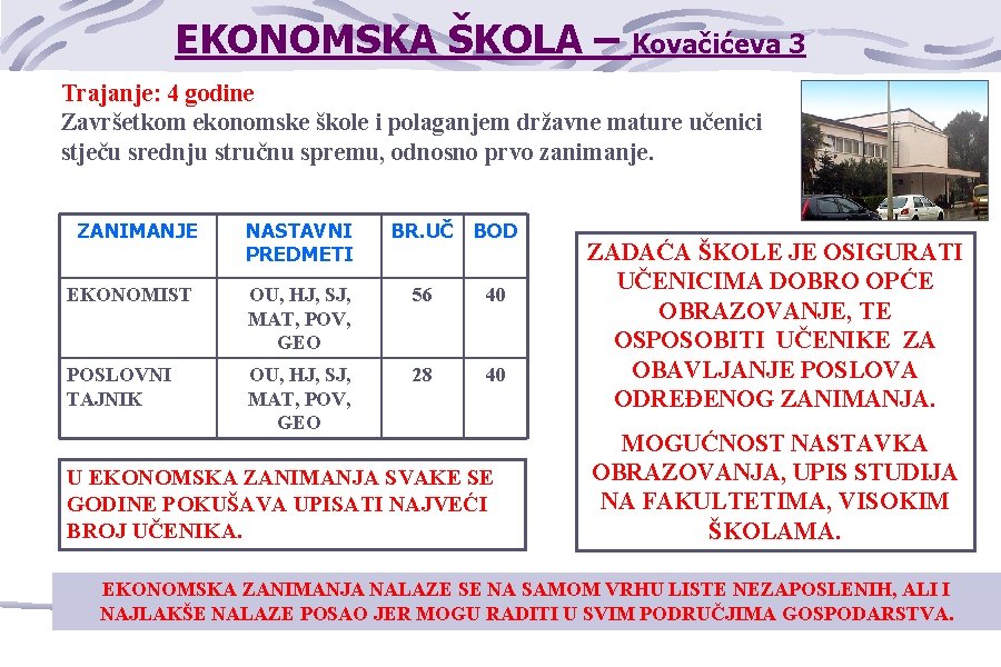 EKONOMSKA ŠKOLA – Kovačićeva 3 Trajanje: 4 godine Završetkom ekonomske škole i polaganjem državne