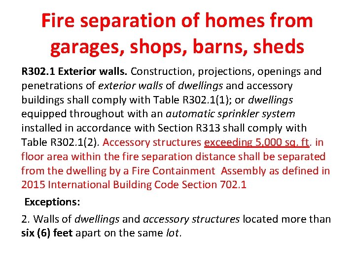 Fire separation of homes from garages, shops, barns, sheds R 302. 1 Exterior walls.