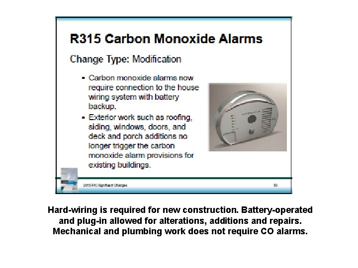 Hard-wiring is required for new construction. Battery-operated and plug-in allowed for alterations, additions and