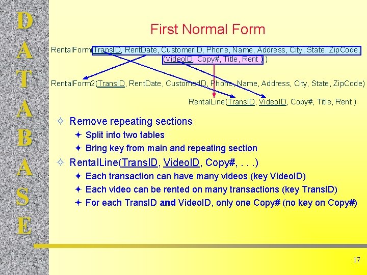 D A T A B A S E First Normal Form Rental. Form(Trans. ID,