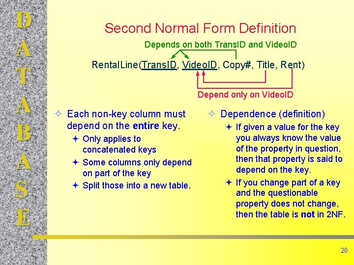 D A T A B A S E Second Normal Form Definition Depends on
