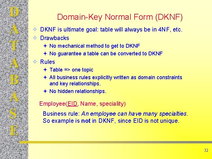 D A T A B A S E Domain-Key Normal Form (DKNF) ² DKNF