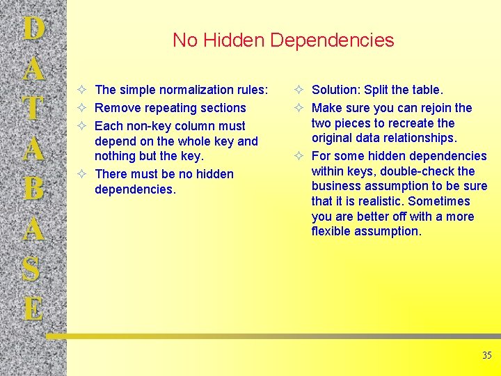 D A T A B A S E No Hidden Dependencies ² The simple