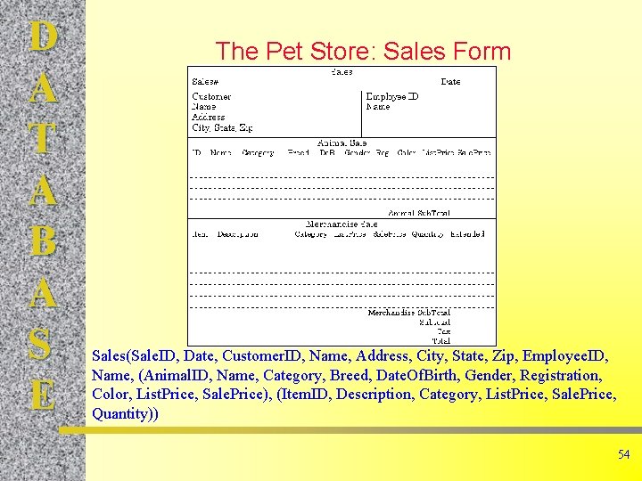 D A T A B A S E The Pet Store: Sales Form Sales(Sale.