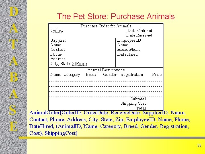 D A T A B A S E The Pet Store: Purchase Animals Animal.