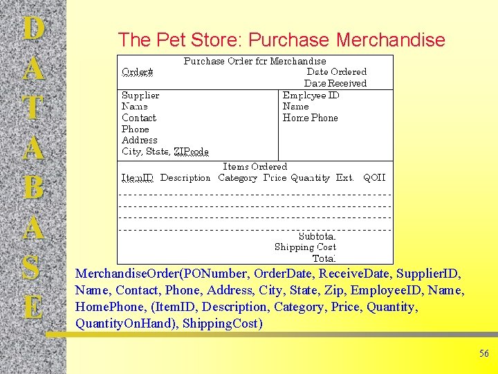 D A T A B A S E The Pet Store: Purchase Merchandise. Order(PONumber,