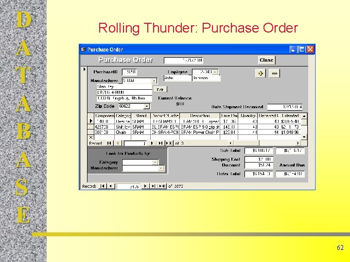 D A T A B A S E Rolling Thunder: Purchase Order 62 