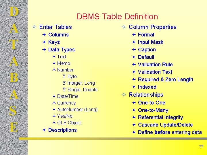 D A T A B A S E DBMS Table Definition ² Enter Tables