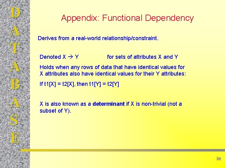 D A T A B A S E Appendix: Functional Dependency Derives from a