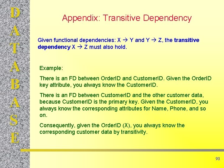 D A T A B A S E Appendix: Transitive Dependency Given functional dependencies: