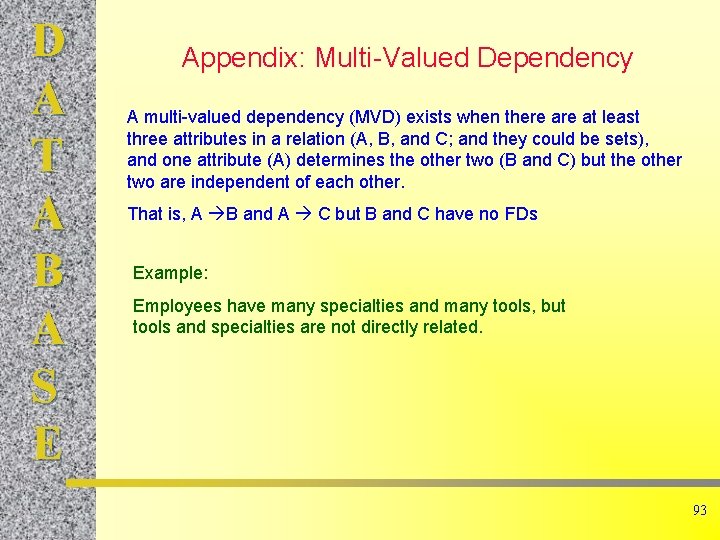 D A T A B A S E Appendix: Multi-Valued Dependency A multi-valued dependency