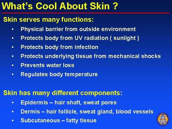 What’s Cool About Skin ? Skin serves many functions: • Physical barrier from outside
