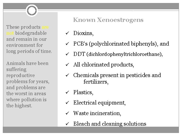 Known Xenoestrogens These products are not biodegradable and remain in our environment for long