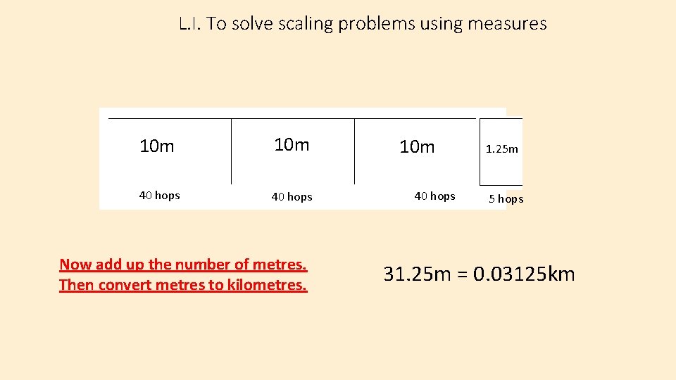 L. I. To solve scaling problems using measures 10 m 40 hops Now add