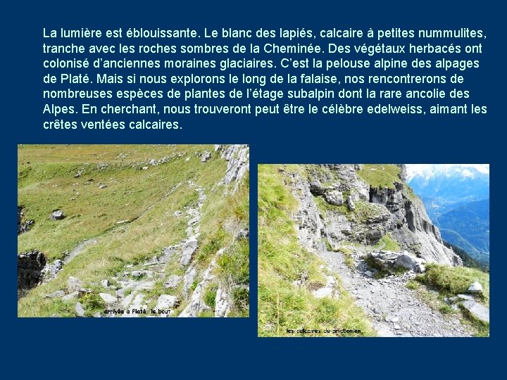 La lumière est éblouissante. Le blanc des lapiés, calcaire à petites nummulites, tranche avec