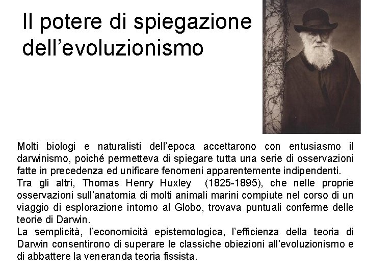 Il potere di spiegazione dell’evoluzionismo Molti biologi e naturalisti dell’epoca accettarono con entusiasmo il