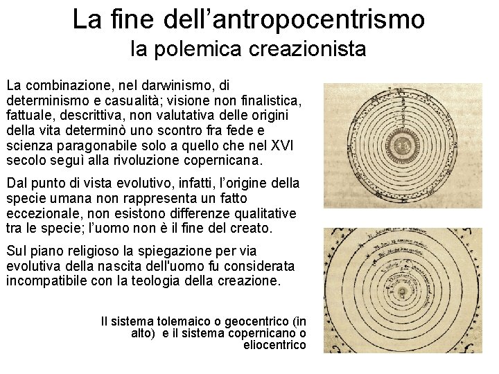 La fine dell’antropocentrismo la polemica creazionista La combinazione, nel darwinismo, di determinismo e casualità;